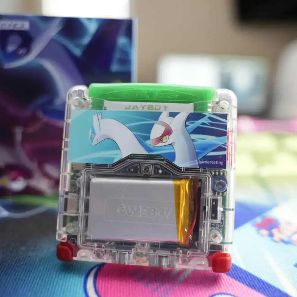 Enhanced Latios/Latias themed GBA SP IPS screen mod for Game Boy Advance with original box.