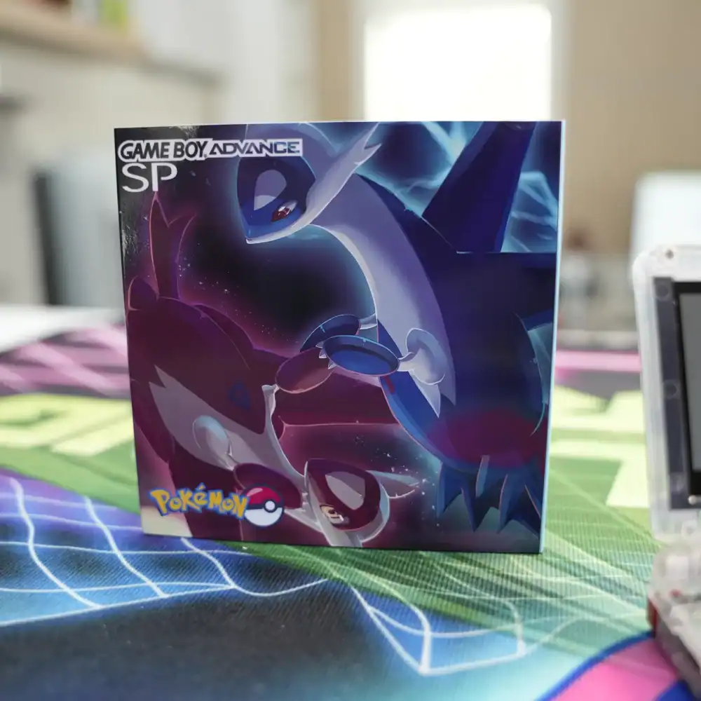 Custom GBA SP IPS screen featuring Latios and Latias artwork for enhanced gaming visuals.