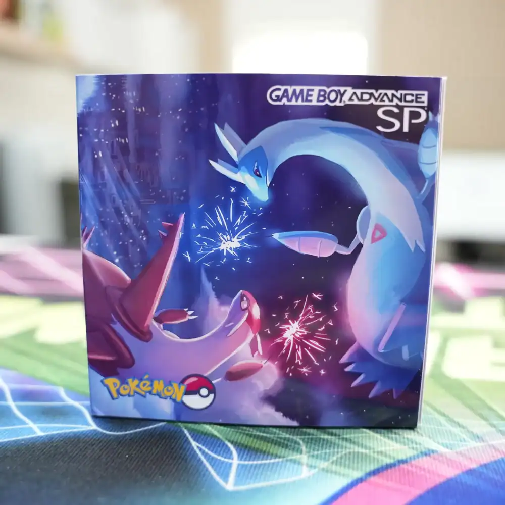 Custom IPS screen mod for GBA SP featuring Latios and Latias artwork, with original box included.