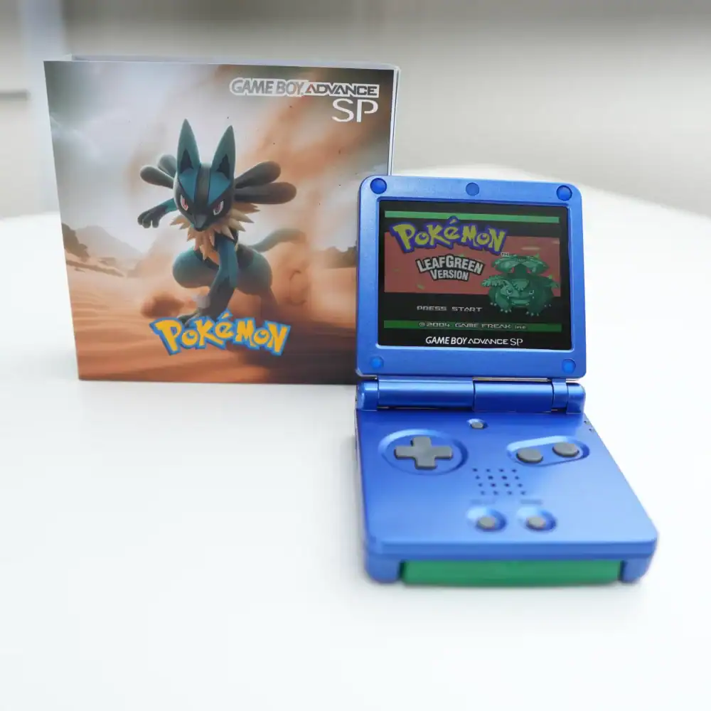 Blue Pokémon-themed Game Boy Advance SP with Lucario box and game screen.