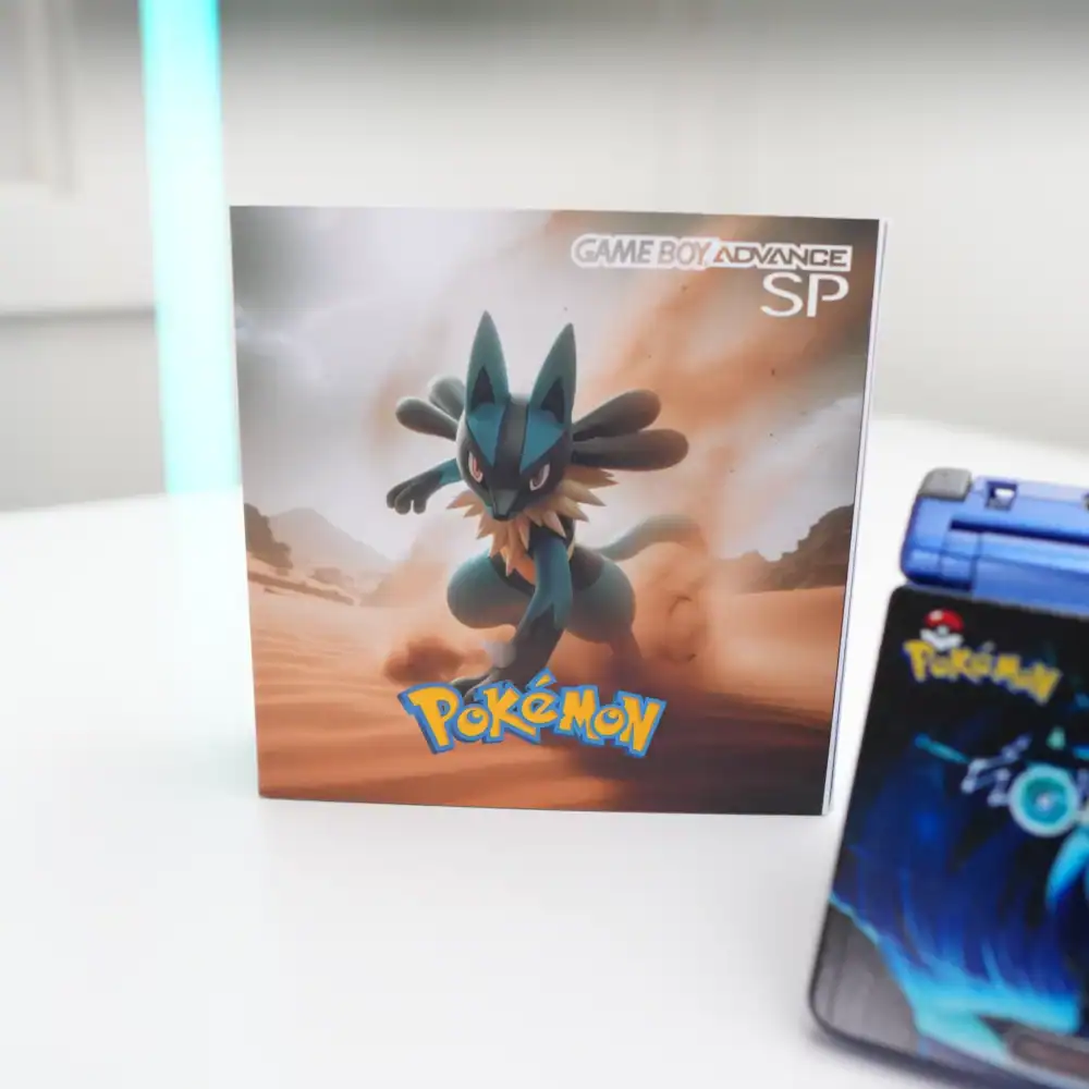 Custom Lucario-themed Nintendo Game Boy Advance SP with backlit IPS display and box.