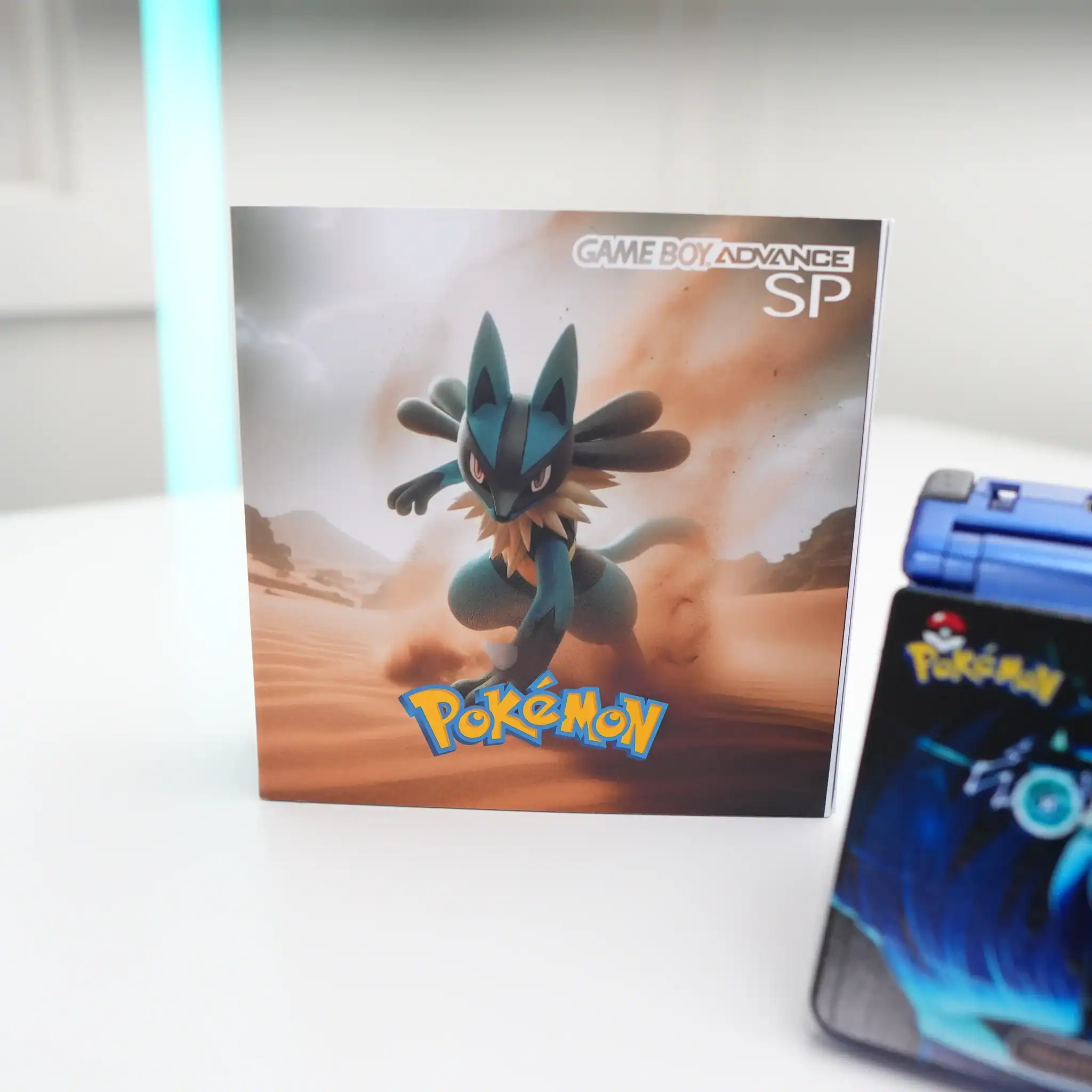 Custom Lucario-themed Nintendo Game Boy Advance SP with backlit IPS display and box.