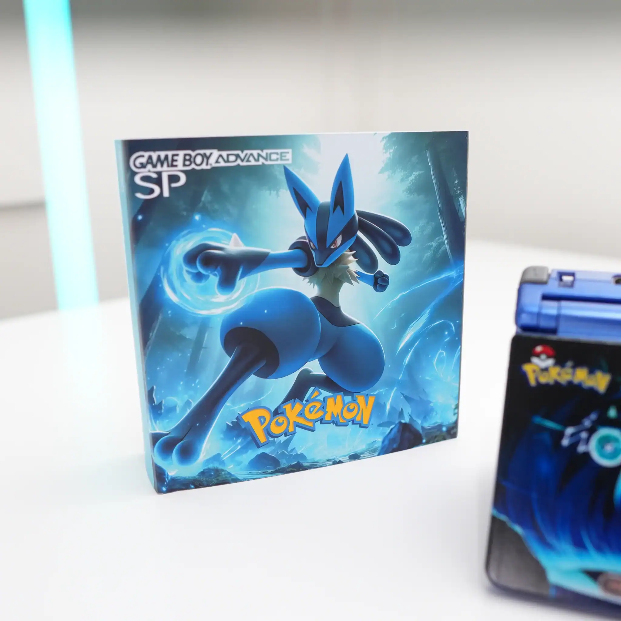Lucario-themed Game Boy Advance SP with IPS backlit mod and original box.