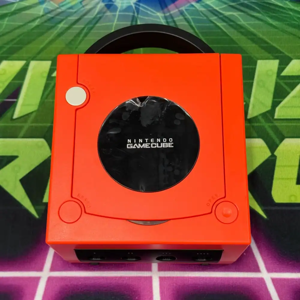 Red and black two-tone GameCube with custom design.