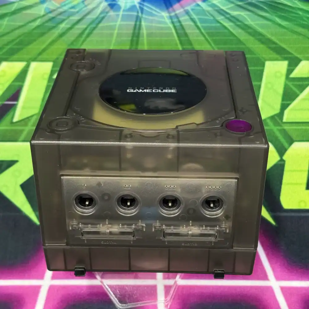 Custom transparent black GameCube console with modded features.