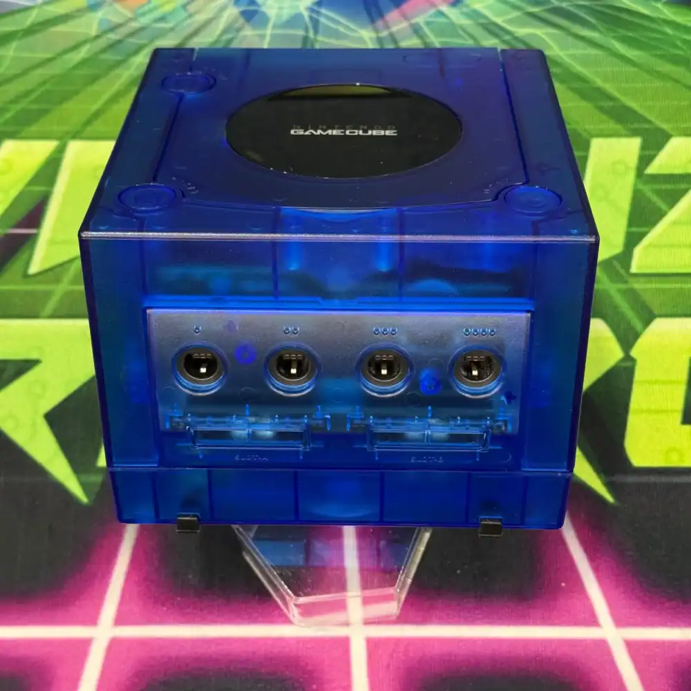 Transparent blue modded GameCube console for collectors.