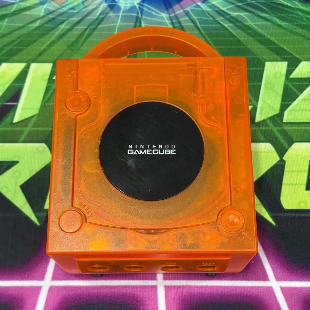 Custom transparent orange Nintendo GameCube console for collectors and mod enthusiasts.