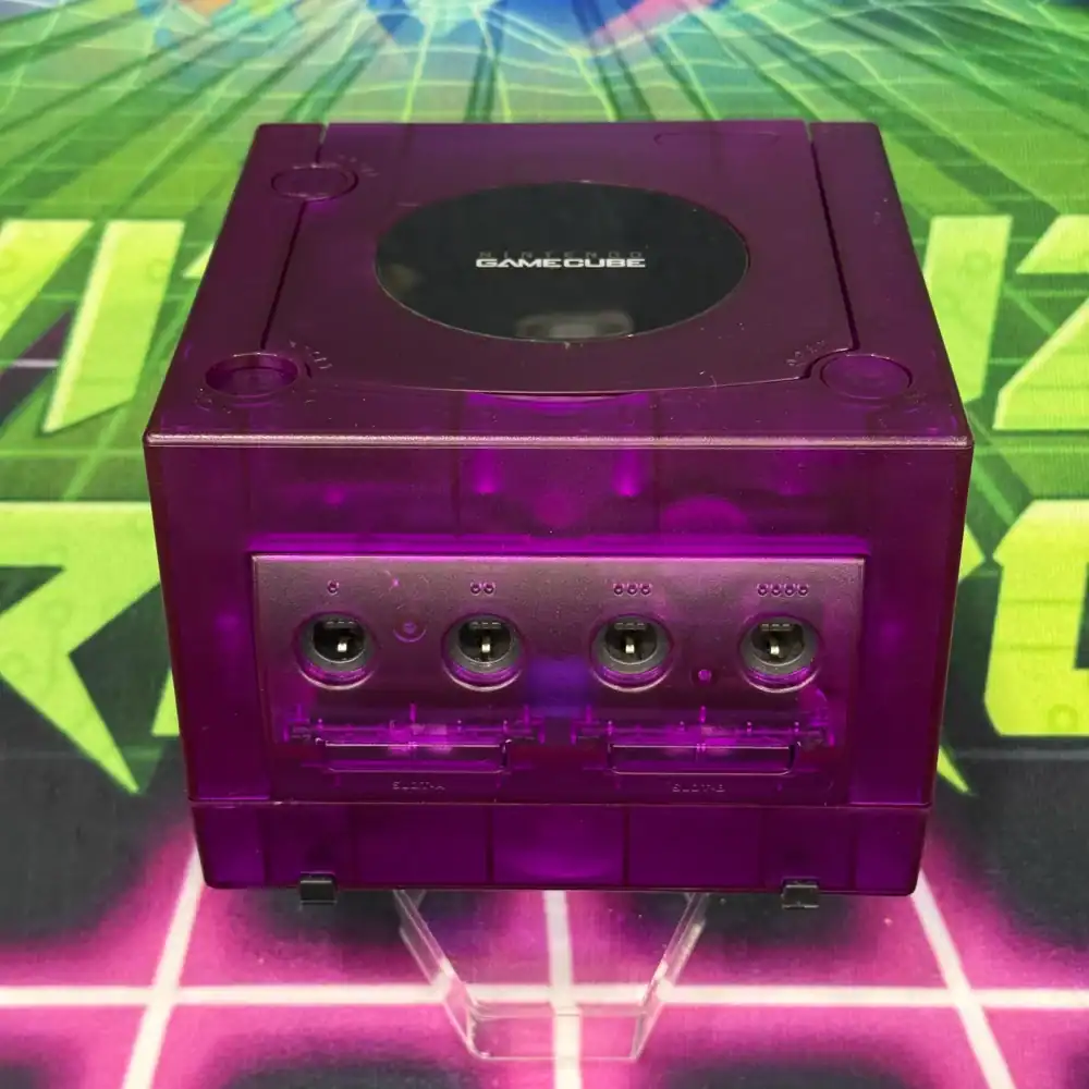 Custom purple transparent GameCube console for gaming enthusiasts.