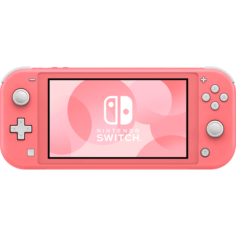 Pink Nintendo Switch Lite gaming console with preloaded options.