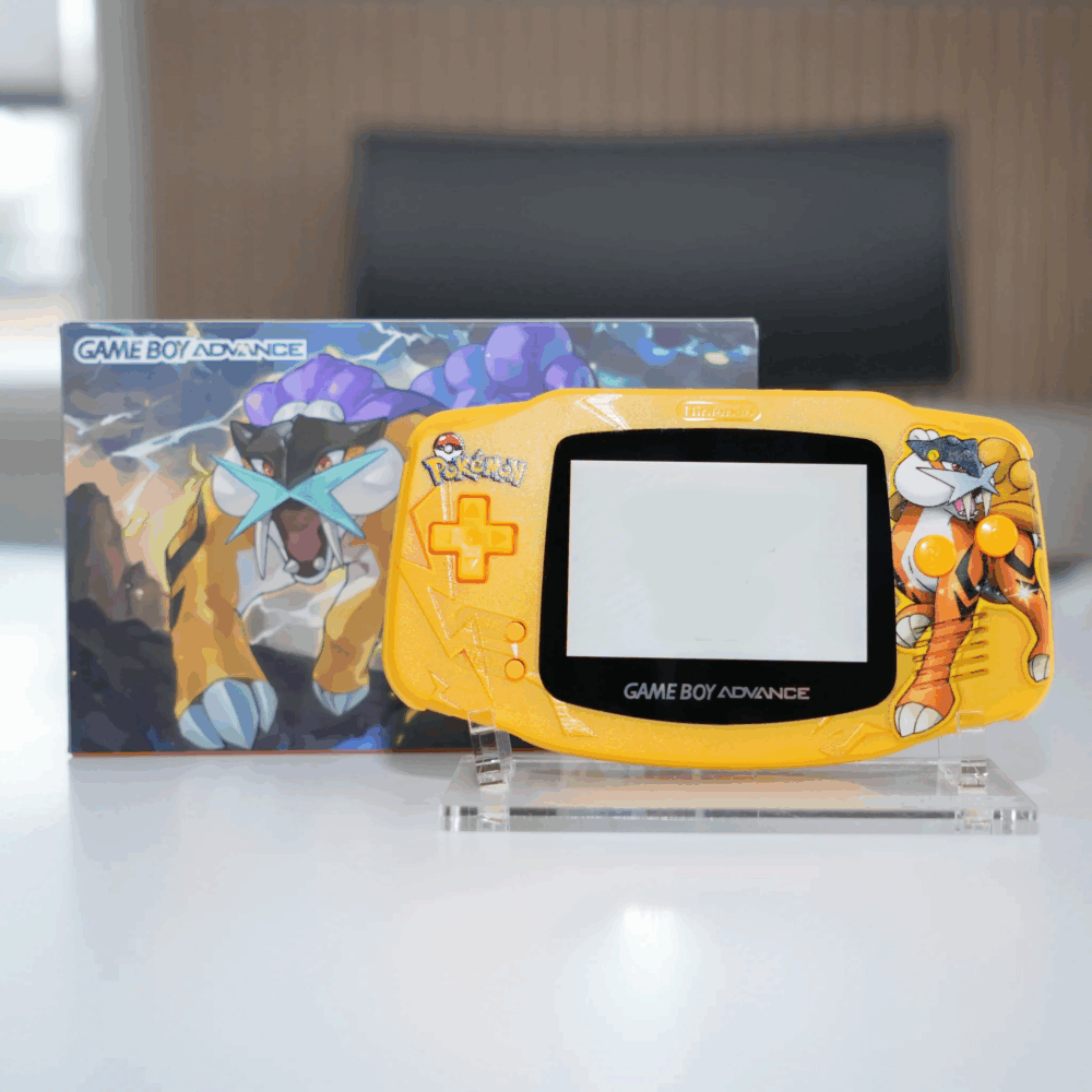 Shiny Raiku themed GBA with IPS screen mod and box, perfect for collectors and gamers.