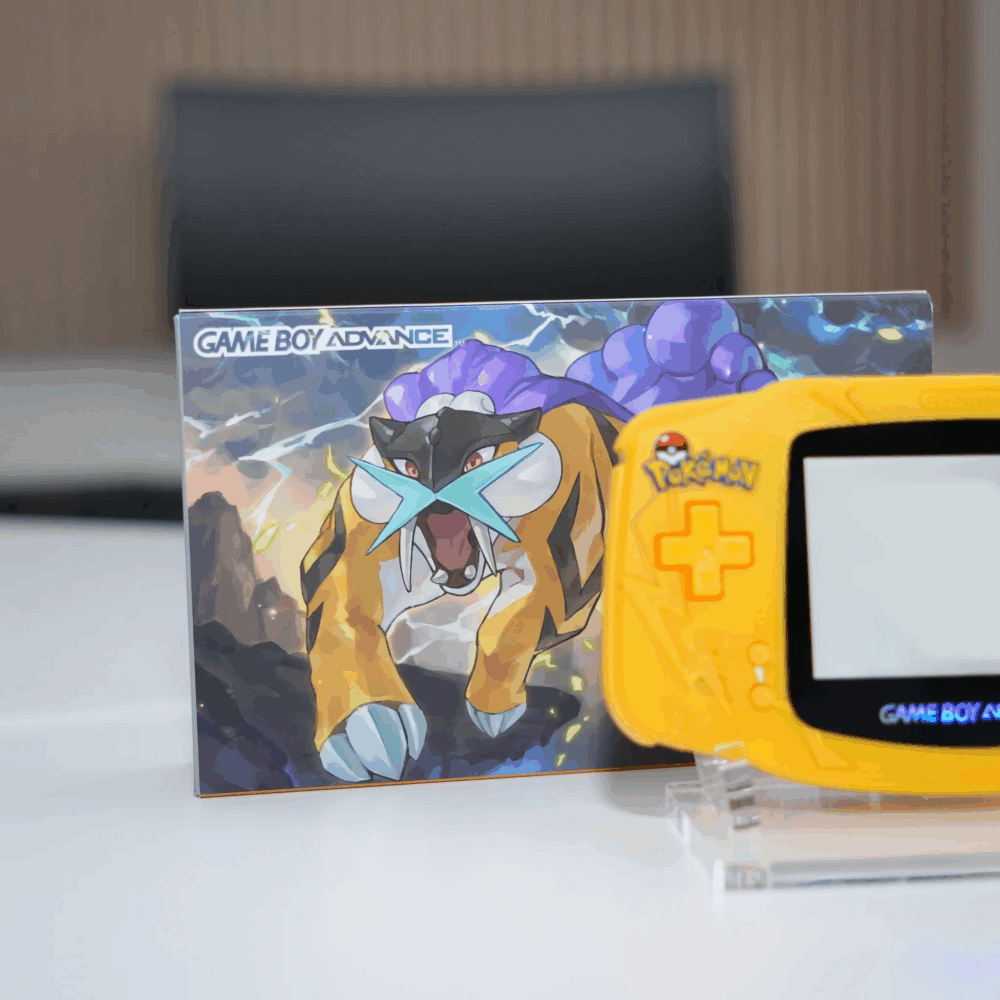 Shiny Raiku themed GBA with IPS screen mod and box, Pokémon collector's item.