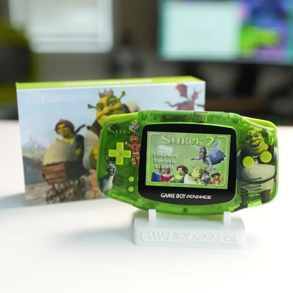 Shrek-themed Nintendo Game Boy Advance GBA console with IPS backlit mod and box.