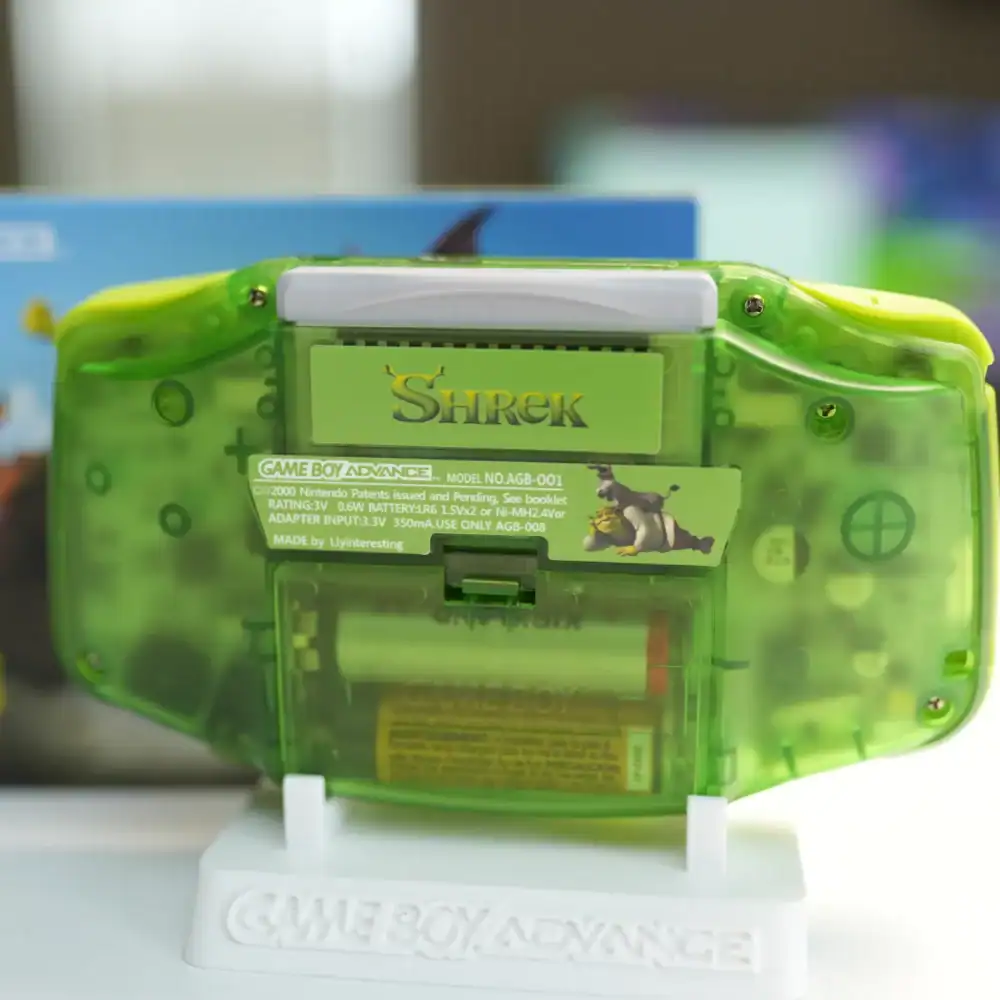 Shrek-themed Nintendo Game Boy Advance GBA with IPS backlit mod and box.