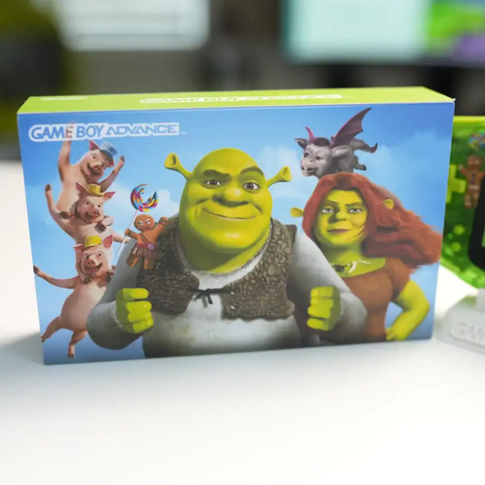 Shrek-themed Nintendo Game Boy Advance GBA console with IPS backlit mod and original box. Perfect fo.