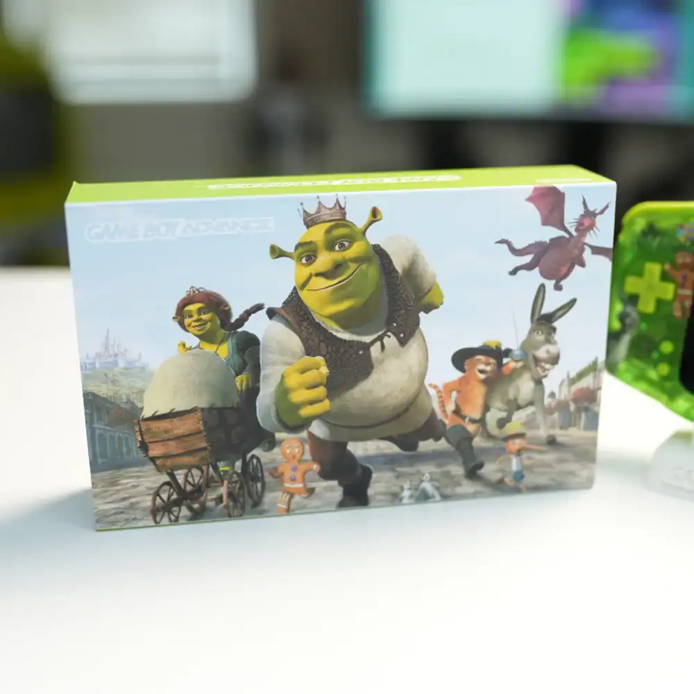 Shrek-themed Nintendo Game Boy Advance GBA console with IPS backlit mod and original box. Perfect fo.