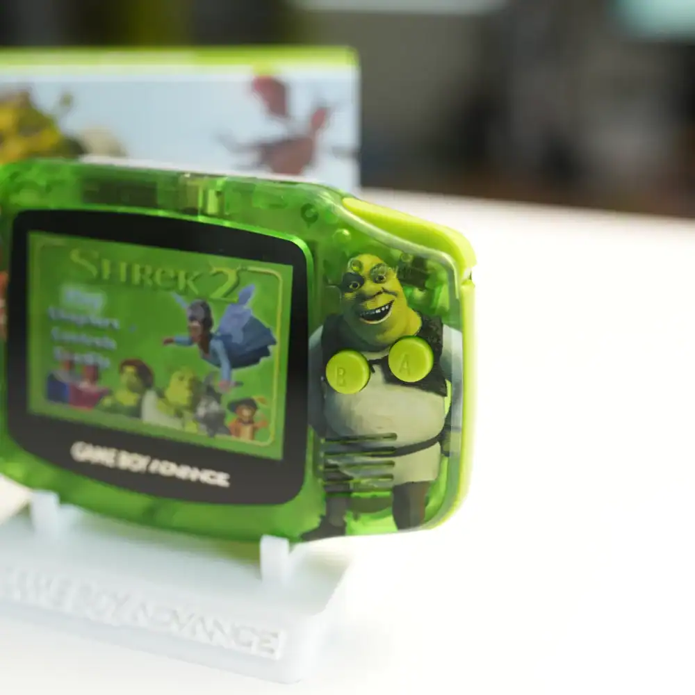 Shrek-themed Nintendo Game Boy Advance GBA console with IPS backlit mod and box. Perfect for collect.