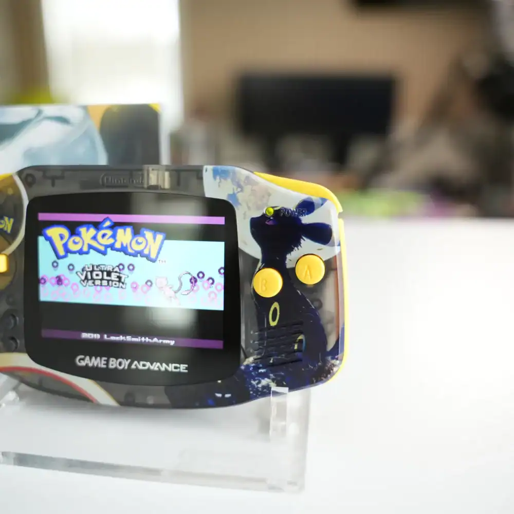 Portable Pokémon Umbreon-themed Game Boy Advance with IPS backlit screen. Perfect for collectors and.