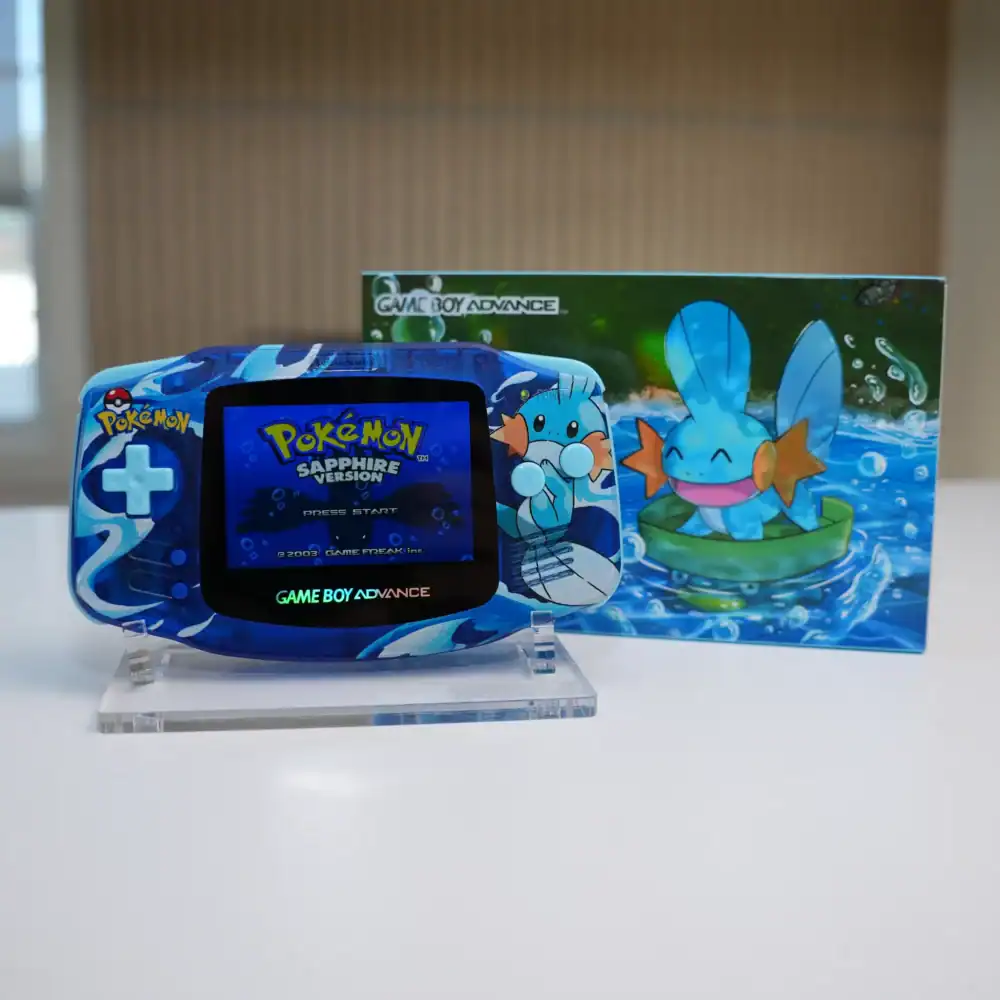 GBA Nintendo Mudkip IPS backlit mod console with box, enhanced display for gaming.