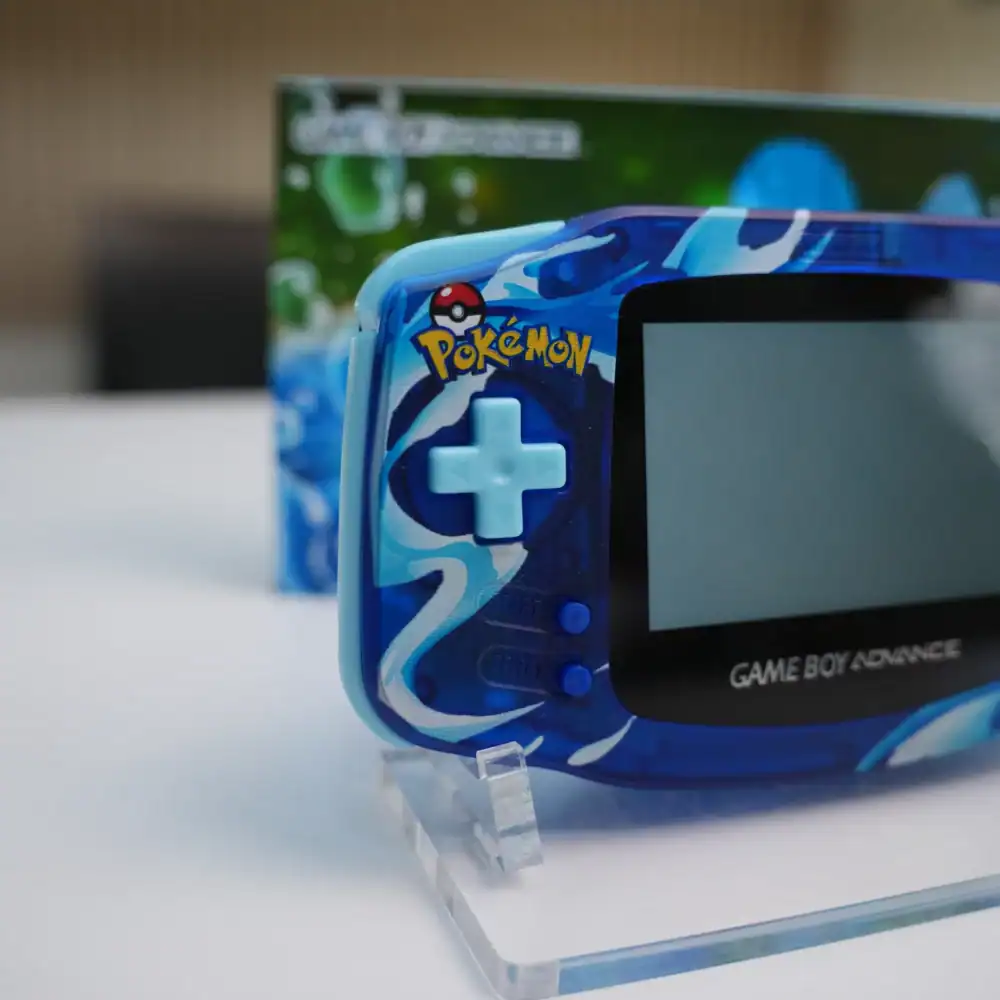 Mudkip-themed Nintendo Game Boy Advance GBA console with IPS backlit mod and original box.