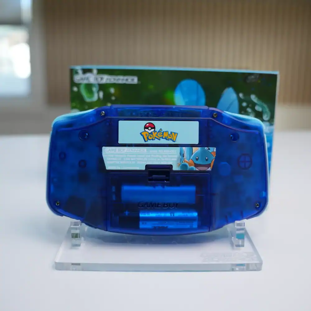 Mudkip-themed Nintendo Game Boy Advance GBA console with IPS backlit mod and original box.