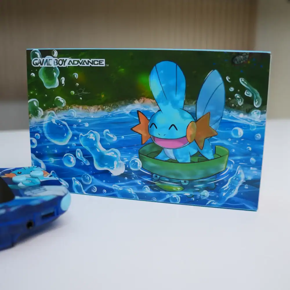Mudkip Nintendo Game Boy Advance GBA console with IPS backlit mod and box.