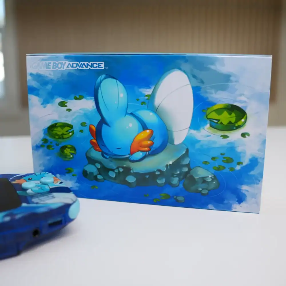Mudkip Nintendo Game Boy Advance GBA console with IPS backlit mod and original box. Perfect for coll.