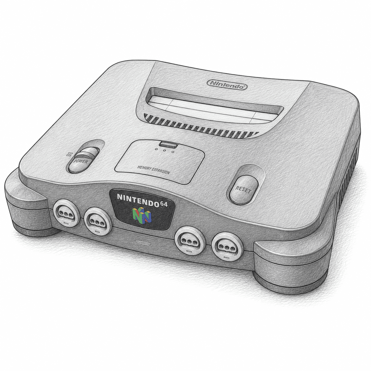 Retro Nintendo 64 gaming console with controller ports and cartridge slot.