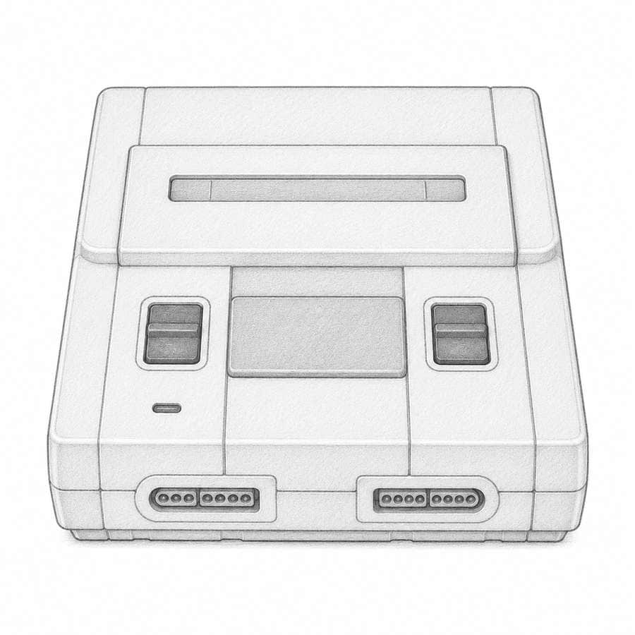 Vintage gaming console with cartridge slot and controller ports.