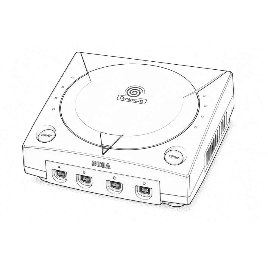 Sega Dreamcast console with four controller ports, black and white design, and power button.