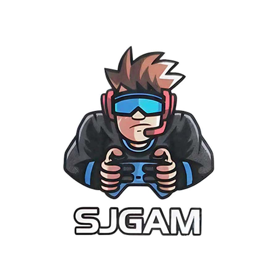 Gaming character with headset and controller for SJGAM logo.