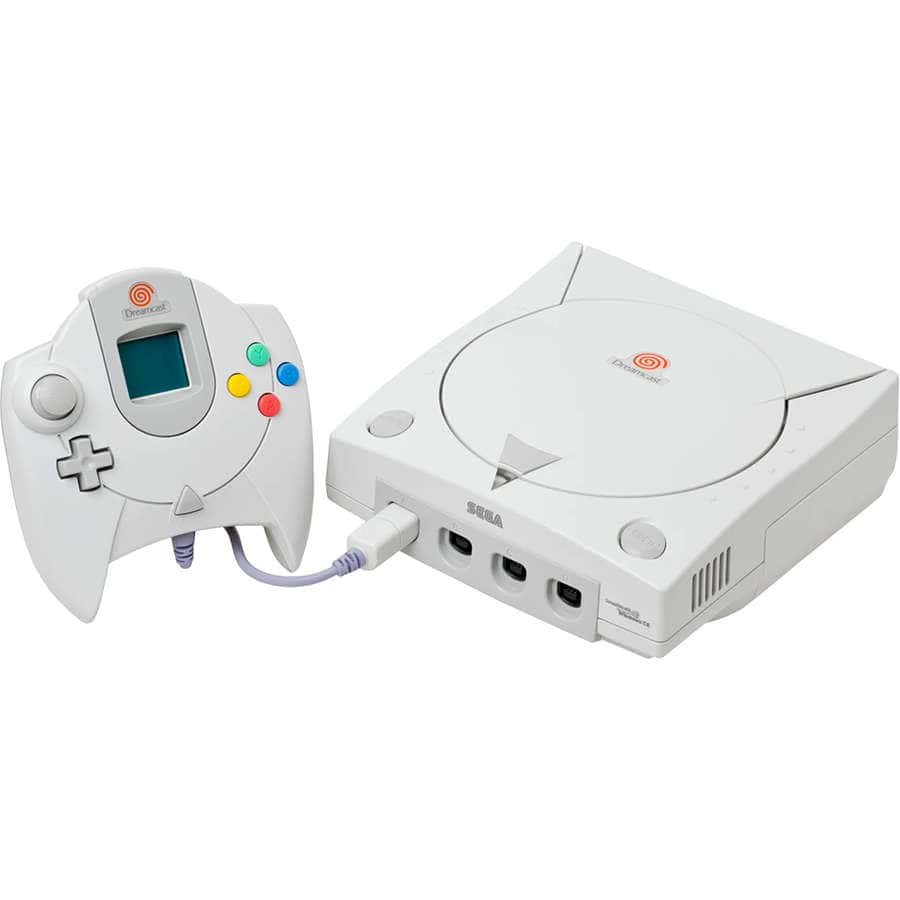 Sega Saturn gaming console with controller and AV cables.