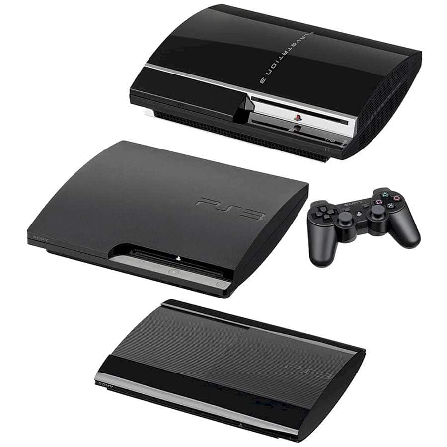 Three PlayStation 3 consoles with controllers and accessories on a white background.