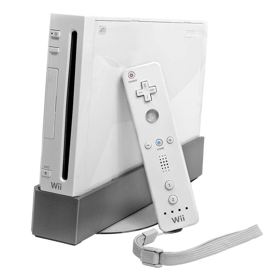 White Nintendo Wii console with remote and strap for gaming.