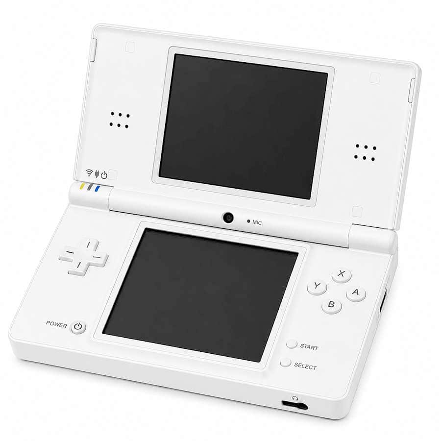 White Nintendo DSi handheld gaming console with dual screens and control buttons.