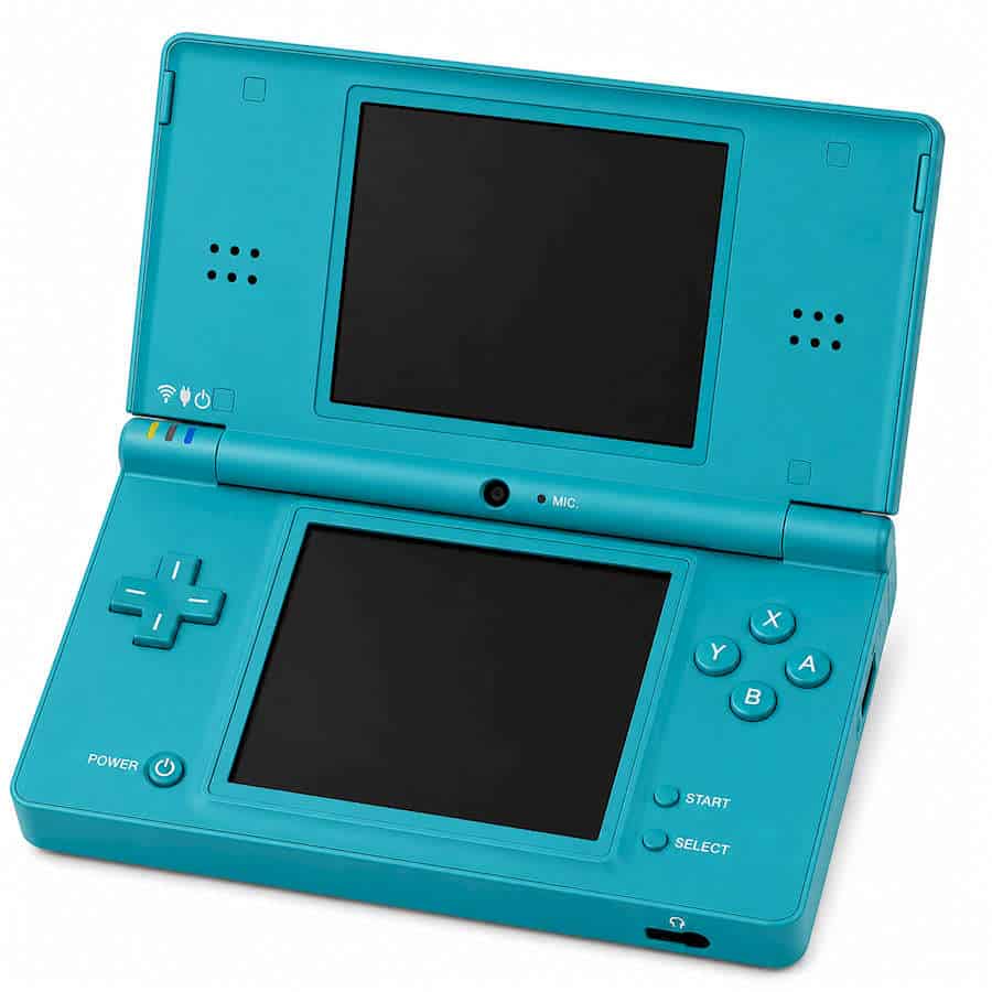 Blue Nintendo DSi handheld gaming console with dual screens and control buttons.