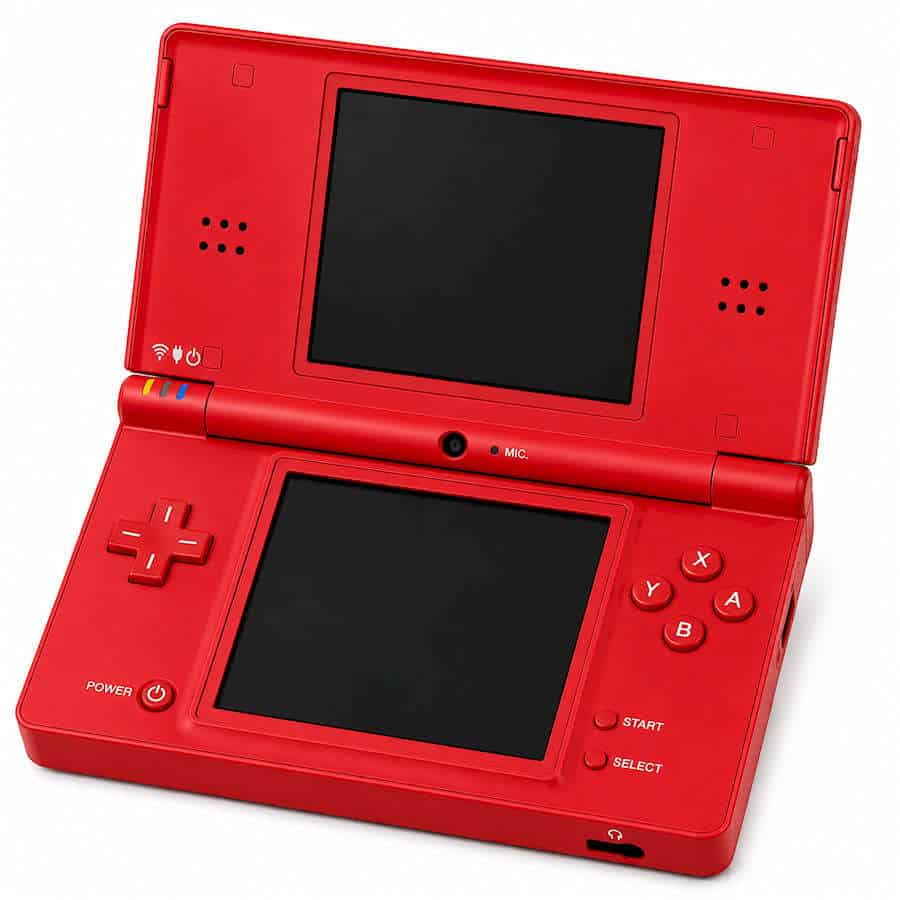 Red Nintendo DSi handheld gaming console with dual screens and control buttons.