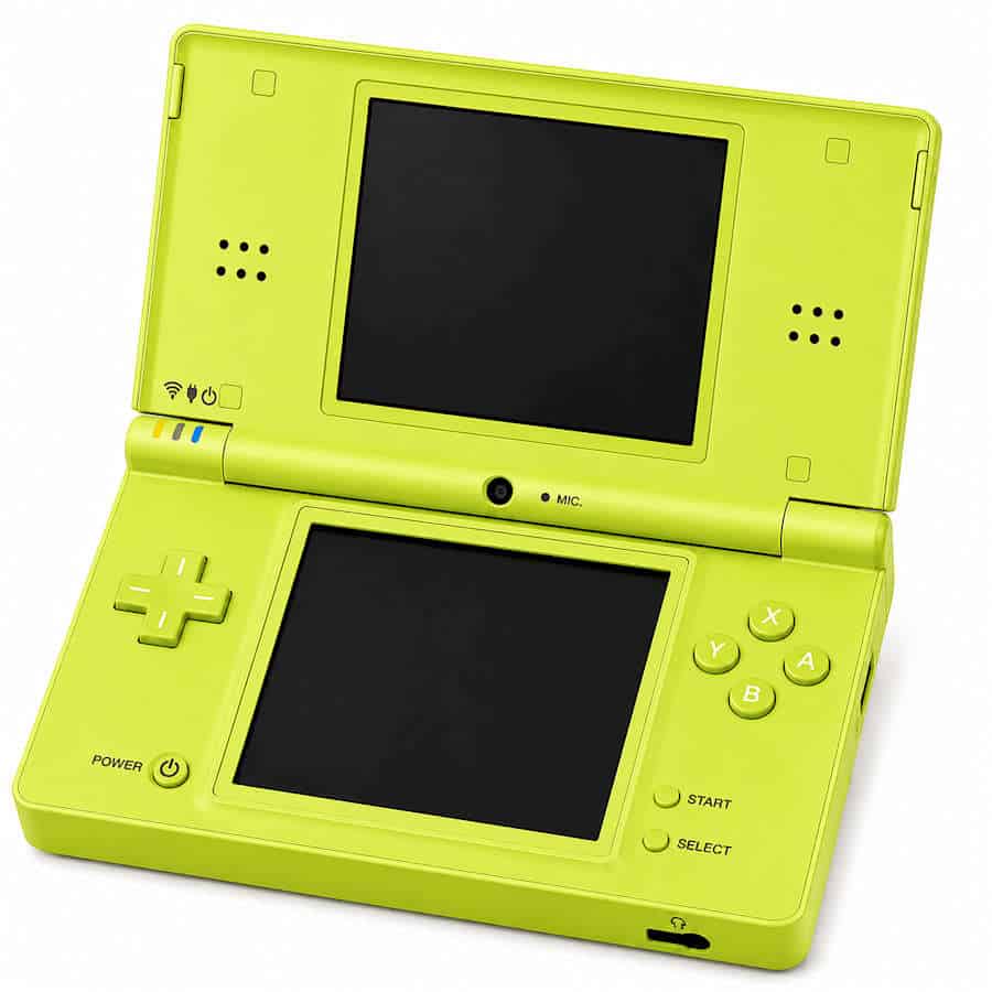 Bright yellow Nintendo DSi handheld gaming console with dual screens.
