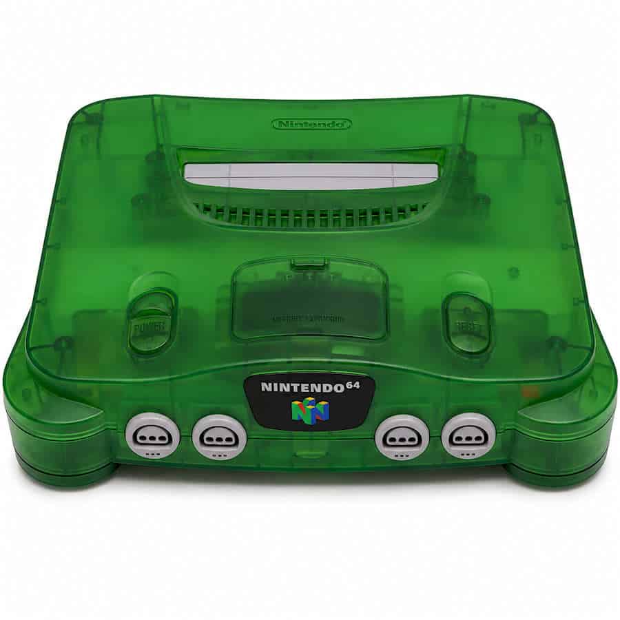 Green Nintendo 64 console with EverDrive cartridge and controller ports.