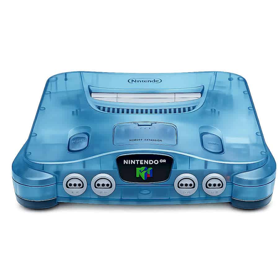 Jungle Green Nintendo 64 with EverDrive in transparent blue case.