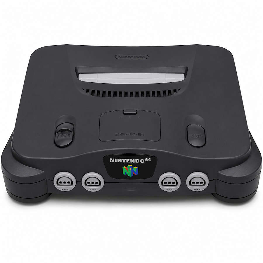 Classic Nintendo 64 gaming console with controller ports and cartridge slot.