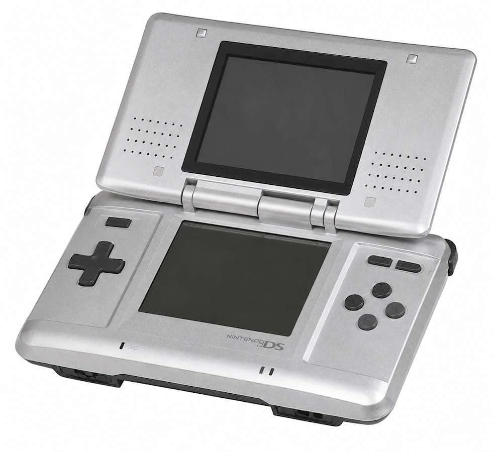 Silver Nintendo DS handheld gaming console with dual screens and control buttons.