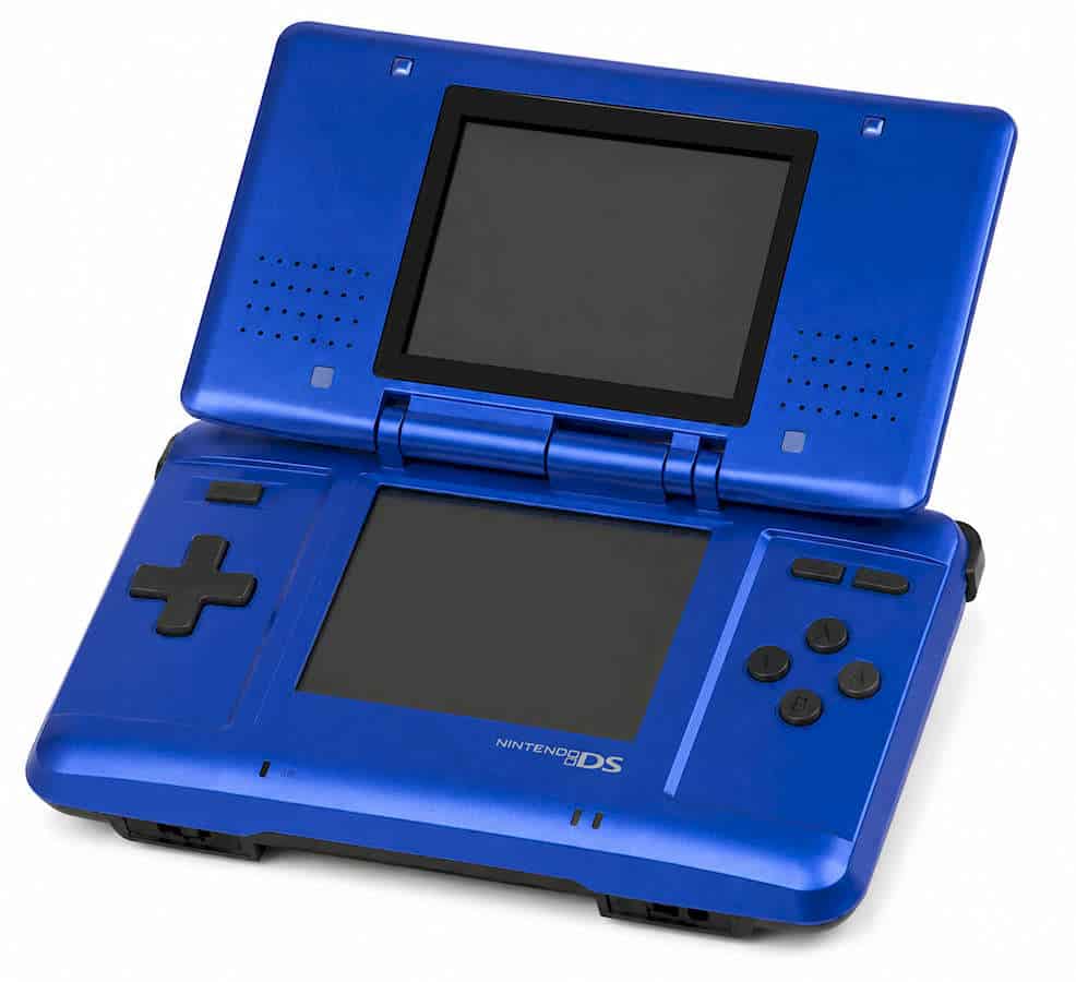 Blue Nintendo DS handheld gaming console with dual screens and control buttons.