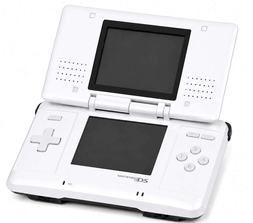 White Nintendo DS handheld gaming console with dual screens and control buttons.