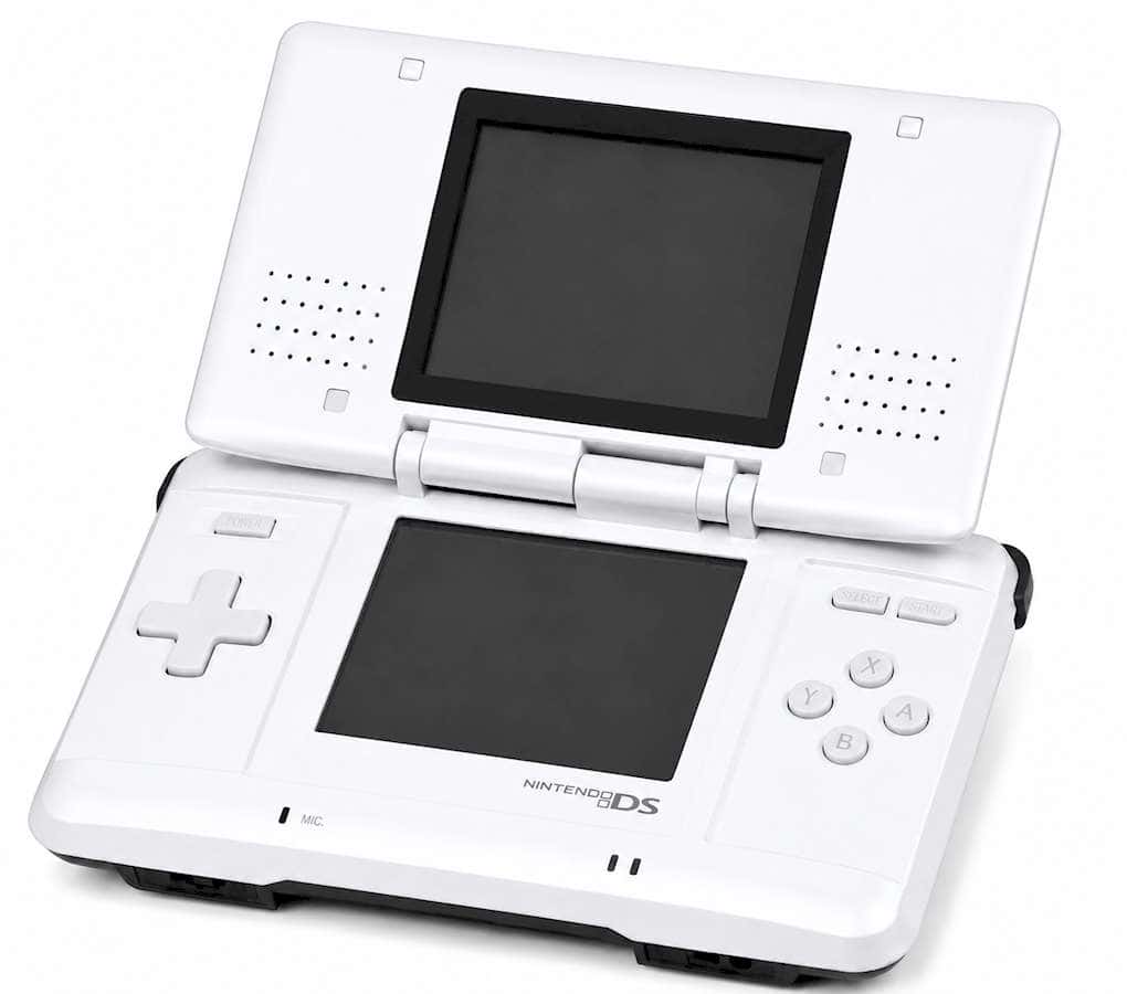 White Nintendo DS handheld gaming console with dual screens and control buttons.