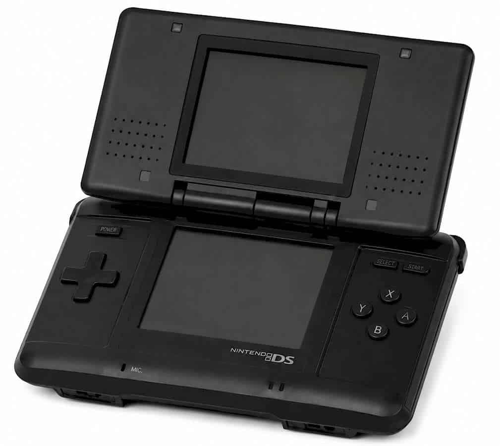 Black Nintendo DS handheld gaming console with dual screens and control buttons.