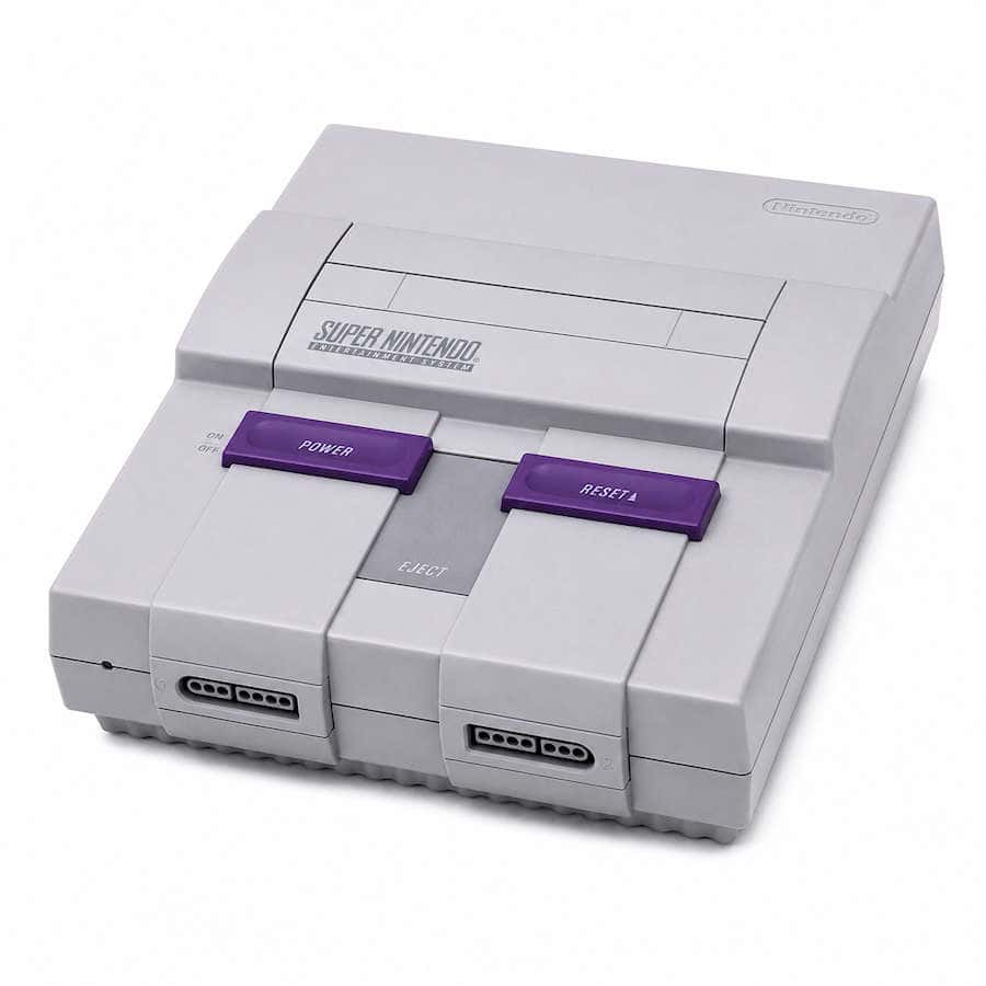 Super Nintendo console with purple buttons and cartridge slot.