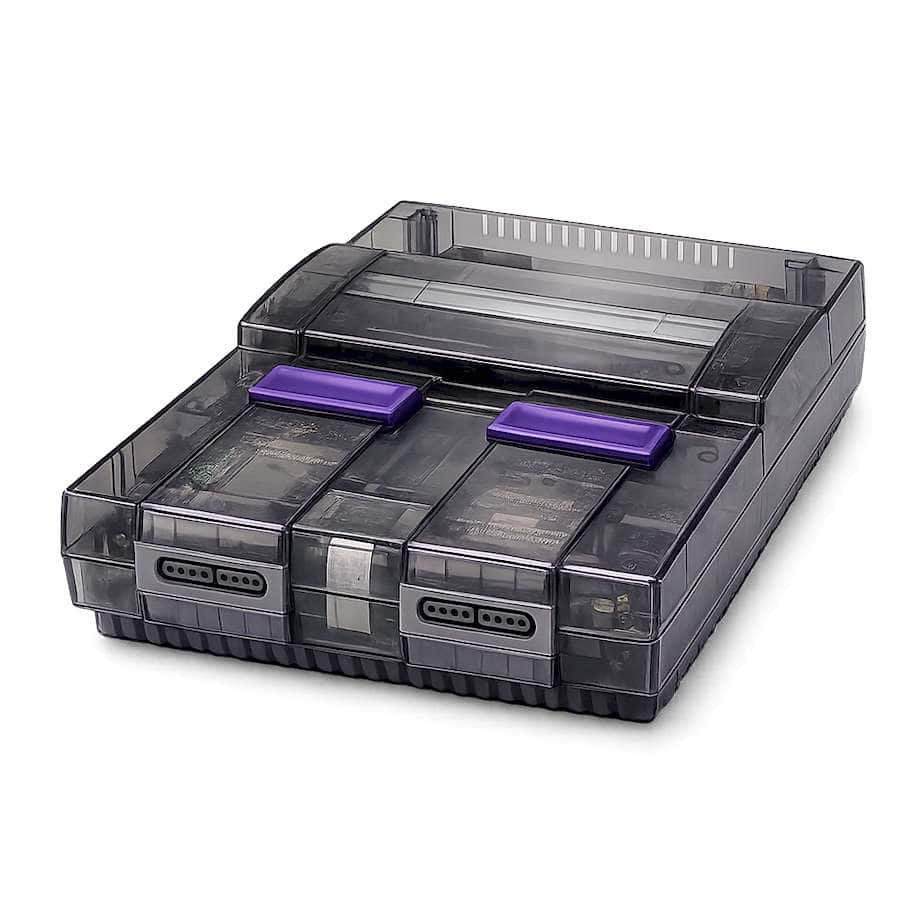 Transparent purple Super Nintendo (SNES) with EverDrive cartridge inside.