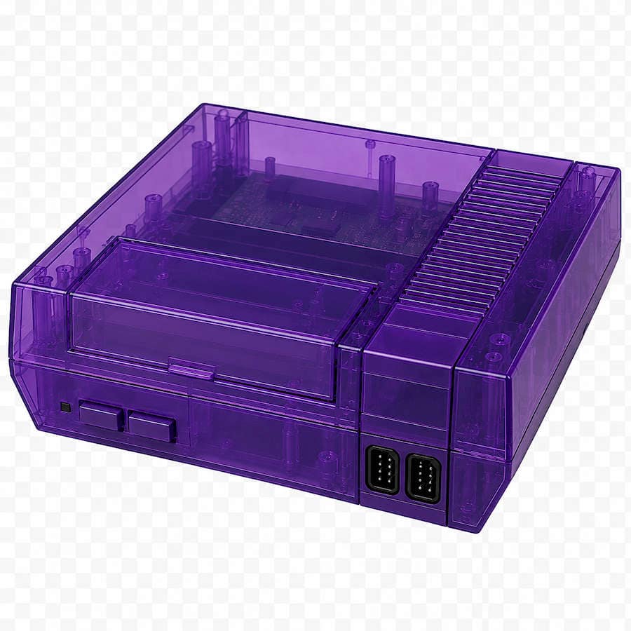 Purple NES cartridge console with clear casing and black connectors.
