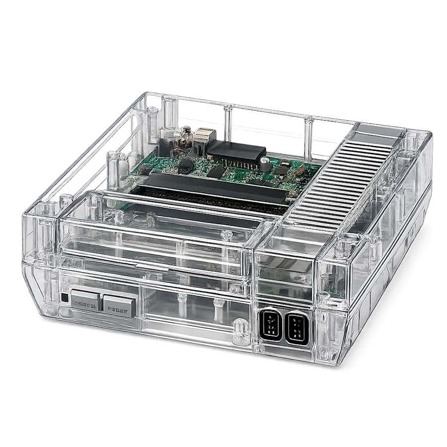Clear plastic NES console case with circuit board and ports visible.