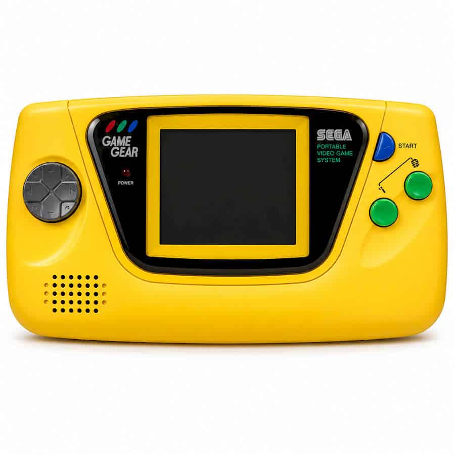Yellow SEGA Game Gear handheld console with colorful buttons and screen.